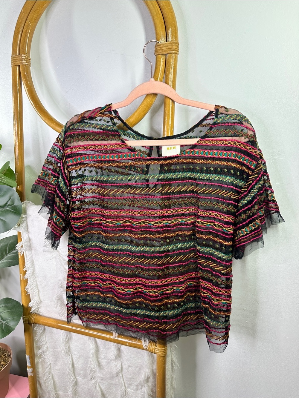 Anthropologie Maeve Black Colorful Tulle Shirt sz M